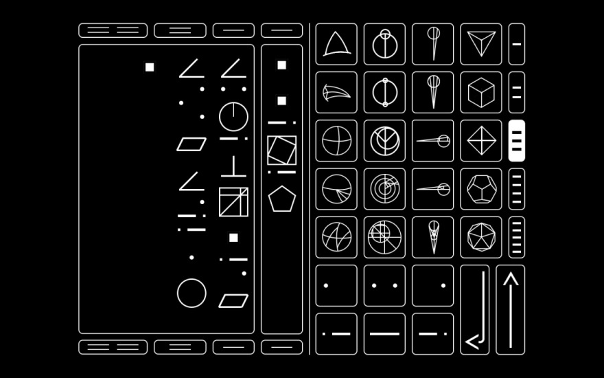 um menu de um jogo, algo como uma interface de um computador alienígena em preto e branco, há apenas caracteres desconhecidos nos botões e na tela do computador em si.
